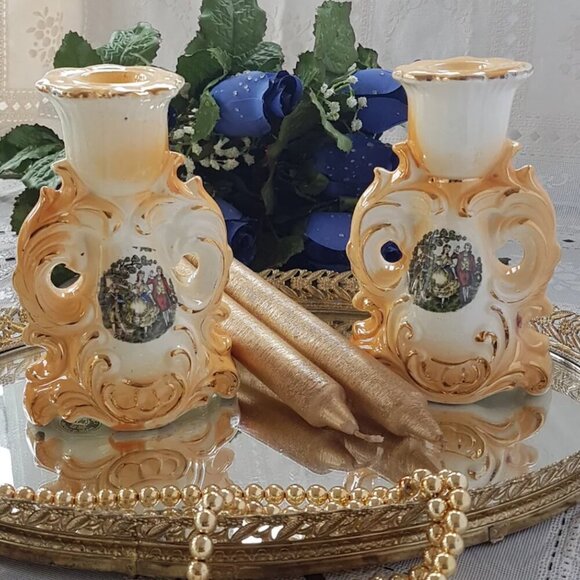 Porcelain Candlesticks, Taper Candle Holder Set, Mid Century Decor, 1950s - Picture 3 of 8